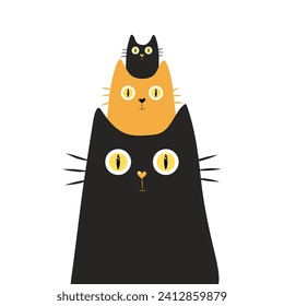 Tres lindos gatos dibujados a mano. Ilustración vectorial simple para el diseño de tarjetas y para niños. Concepto de mascotas, amor y concepto familiar. Ilustración vectorial aislada.
