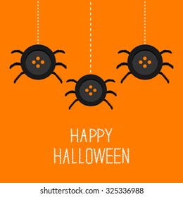 Three cute hanging button spiders on web. Happy Halloween card. Flat design Vector illustration