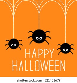Three cute hanging fluffy spiders on web. Happy Halloween card. Flat design Vector illustration