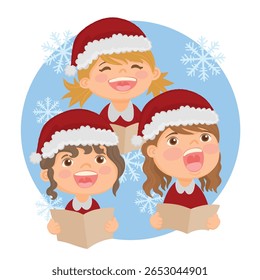 Three cute happy children singing Christmas carols
