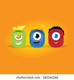 Three cute head characters, vector art.