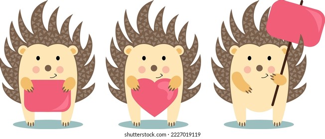 Three cute hedgehog holding a pink sign boards and heart