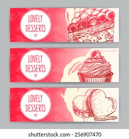 Three cute horizontal banners with delicious desserts and a place for text