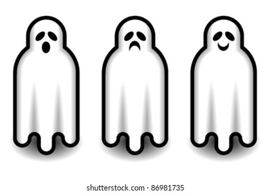 Three cute iconic ghosts with three different expressions and simple shading. On white background. Colors can be changed easily.