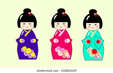 Three cute Japanese style Kokeshi dolls in difference color on pale light green background. Great for fabric, textile, wrap paper, wallpaper.