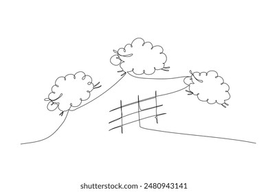 Three cute jumping sheep one by one and fence, one contour line drawing