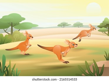 Three cute kangaroos jumping across green plain with trees and sun in background cartoon vector illustration