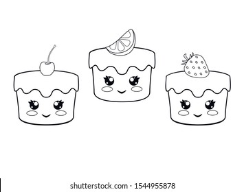 Three cute kawaii cakes with cherry, lemon and strawberries - set. Cupcakes with eyes, cheeks and mouths - cute sweets - vector linear pictures for coloring. Outline