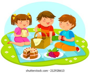 three cute kids having a picnic together