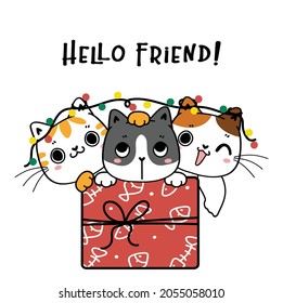 Three cute kitten cat friend group in present box cartoon hand drawn doodle outline Christmas and New year gift