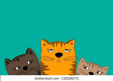 Three cute kittens. Best friends. Colorful doodle animals. Vector illustration. 