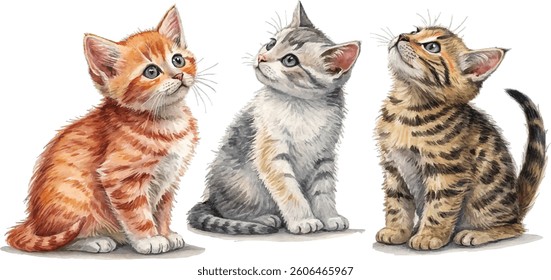 Three cute kittens of different breeds sitting and looking up. Watercolor painting.