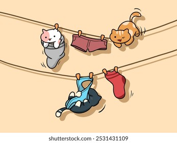 Three cute kittens hanging on a clothesline alongside colorful laundry, creating a fun and whimsical scene.