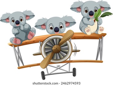 Three cute koalas enjoying a ride on an airplane