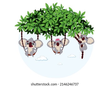 three cute koalas swinging on a swing