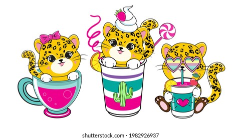 Three cute leopards and summer cocktails. Vector illustration of cartoon animals in kawaii style. T-shirt design