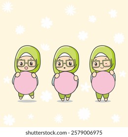 Three Cute light GreenHijab Moslem girl with glasses hold blank space sign board banner chibi kawaii character 