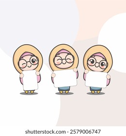 Three Cute light Orange Hijab Moslem girl with glasses hold blank space sign board banner chibi kawaii character 