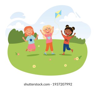 Three cute litte girls are jumping on summer meadow with kite. Happy smiling children spending time together outdoors. Concept of outdoor activity with friends. Vector cartoon vector illustration