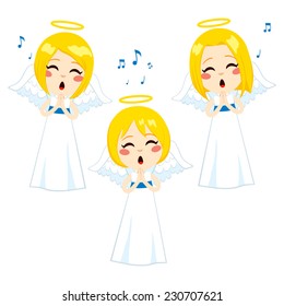 Three cute little blonde angels singing with long white tunics