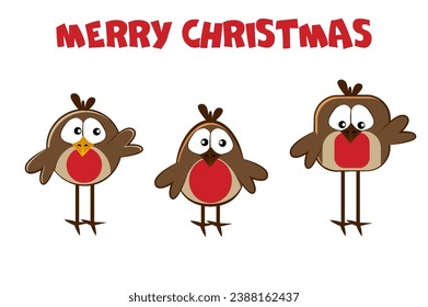 Three cute little bullfinchs. In cartoon style New Years bird. Isolated on a white background.