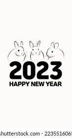 Three cute little bunnies.Happy New Year, New Year's card, thank you card.New Year