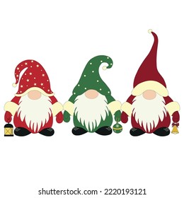 Three cute little Christmas gnomes in Santa hats on white background. 