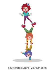 three cute little clowns doing acrobatics, vector illustration on white background.