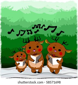 Three cute little deers singing a christmas carol.