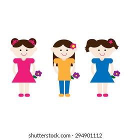 Three cute little girl characters with flowers. Vector EPS 10