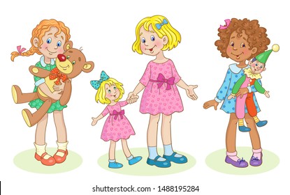 Three cute little girls with different skin and hair colors play with their favorite toys. In cartoon style. Isolated on white background. Vector illustration.