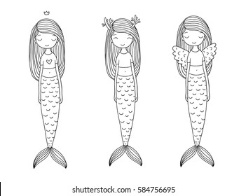 Three cute little mermaid. Siren. Sea theme. Hand drawing isolated objects on white background. Vector illustration