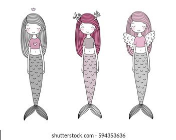 Three cute little mermaid. Siren. Sea theme. Hand drawing isolated objects on white background. Vector illustration.