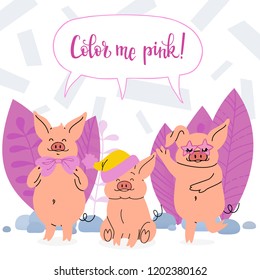 Three cute little piglets among the leaves are sitting, standing and dancing. Vector illustration in a flat cartoon style with room for your text. Great for advertising, banners, invitations, posters.