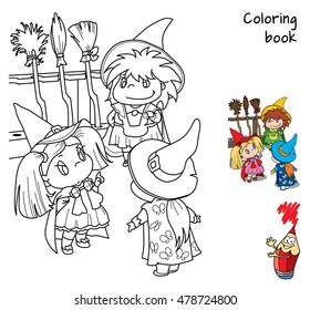 Three cute little witches are arguing about where to whose broom. Cartoon vector illustration