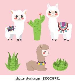 Three cute llama and alpaca standing and sitting next to different cactus