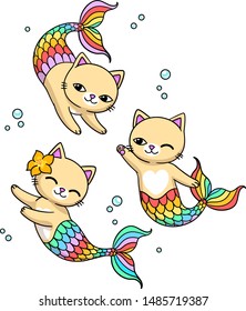 Three cute mermaid cats with rainbow tails. Vector illustration isolated