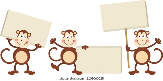 Three cute monkeys with empty sign boards