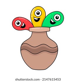 three cute monsters come out of the urn, vector illustration art. doodle icon image kawaii.