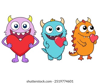 Three Cute Monsters Holding Hearts