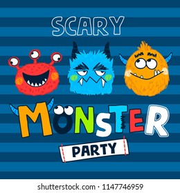 three cute monsters on striped background vector illustration