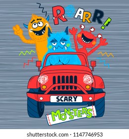 three cute monsters riding a car vector illustration