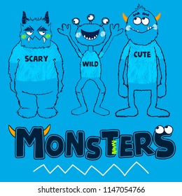 three cute monsters in tshirts vector illustration