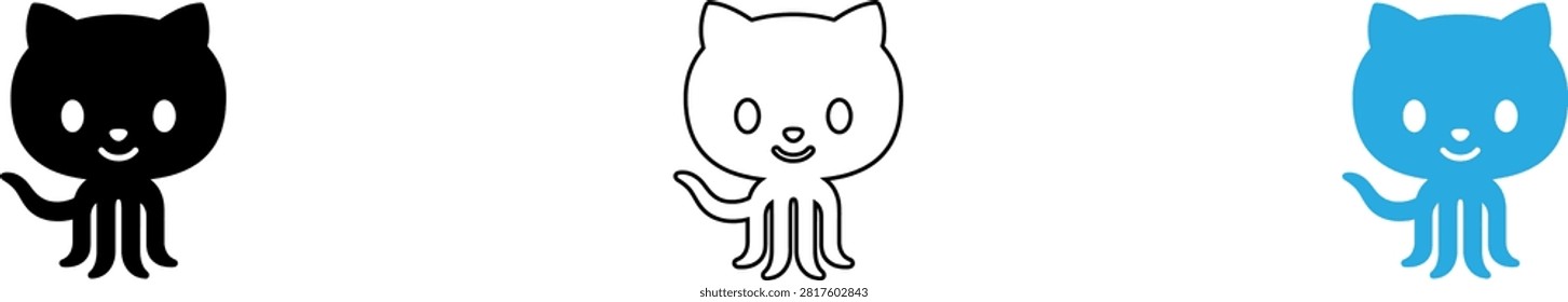 Три милых символа осьминога талисмана для брендинга github и технических иллюстраций, изолированных на прозрачном фоне, Вектор