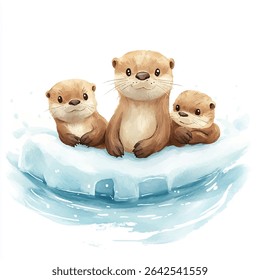 Three cute otters, two small and one larger, sit together on a small ice floe in tranquil water. Watercolor style.
