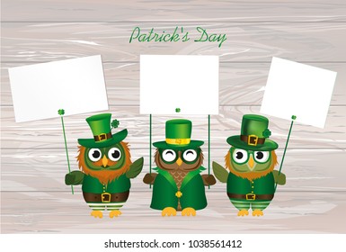 Three cute owls with a beard and mustache in a national costume and hat on St. Patrick's Day holding an empty posters with clover for your text or advertisement. Greeting card for the holiday. Invita