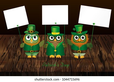 Three cute owls with a beard and mustache in a national costume and hat on St. Patrick's Day holding an empty posters with clover for your text or advertisement. Greeting card for the holiday. Invitat