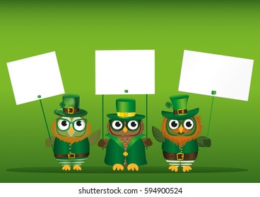 Three cute owls with a beard and mustache in a national costume and hat on St. Patrick's Day holding an empty posters with clover for your text or ad. Greeting card for the holiday. Invitation. Vector