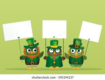 Three cute owls with a beard and mustache in a national costume and hat on St. Patrick's Day holding an empty posters with clover for your text or ad.Greeting card for the holiday. Invitation. Vector 
