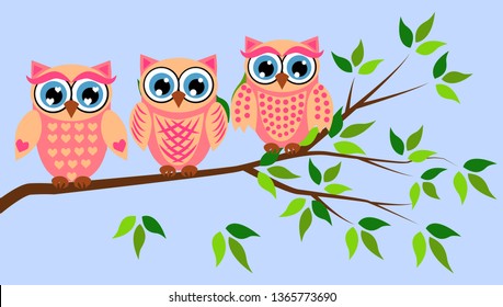 Three cute owls with big eyes in a trendy coral color on a blossoming tree branch, design, spring concept
